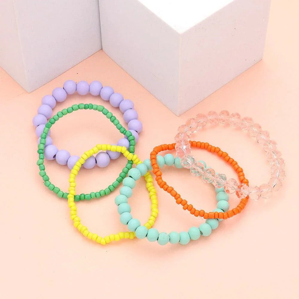 6PCS - Wood Ball Faceted Beaded Stretch Bracelets - Jewelry Store by Erik Rayo