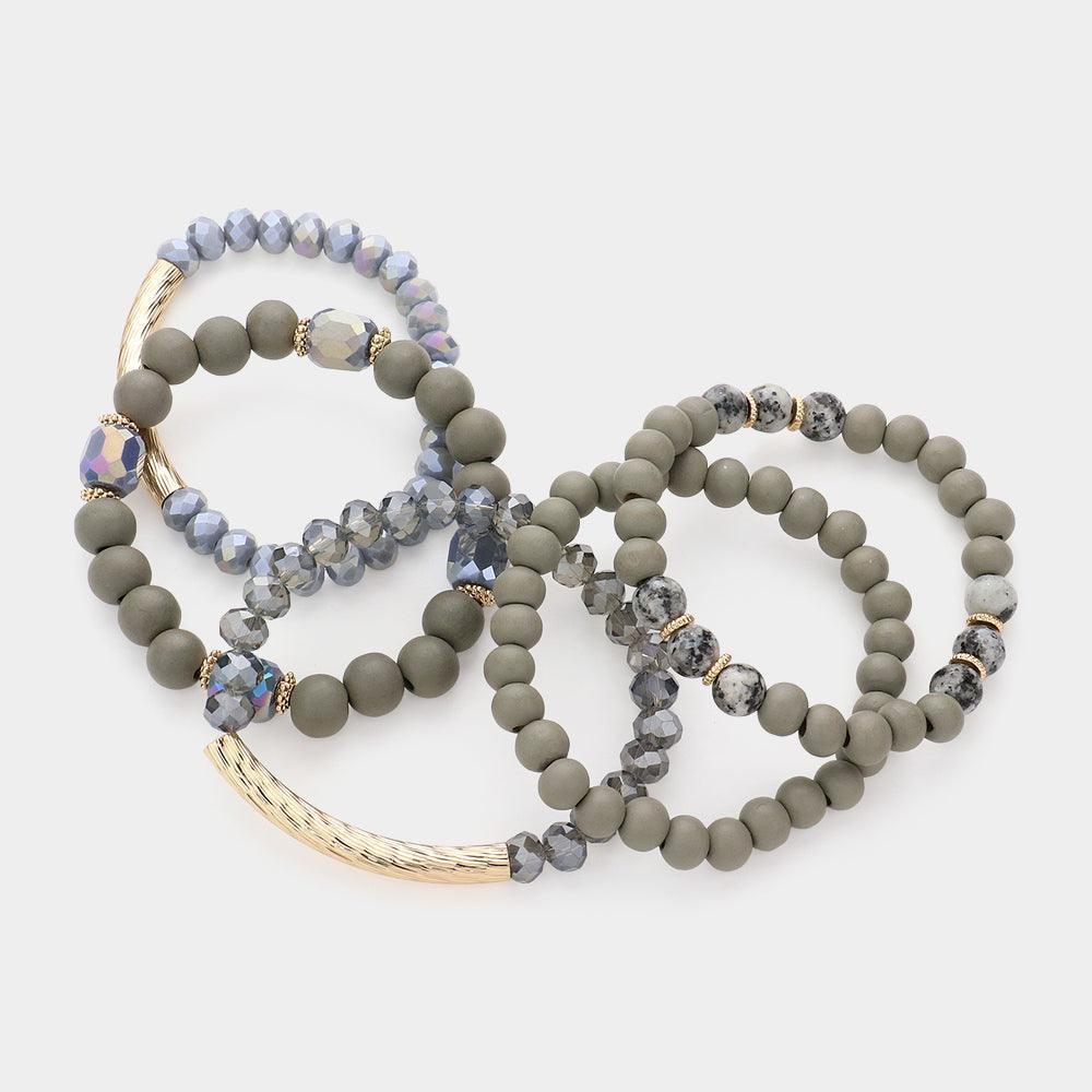 Silver 5PCS Metal Bar Pointed Wood Faceted Beaded Multi Layered Bracelets - Jewelry Store by Erik Rayo