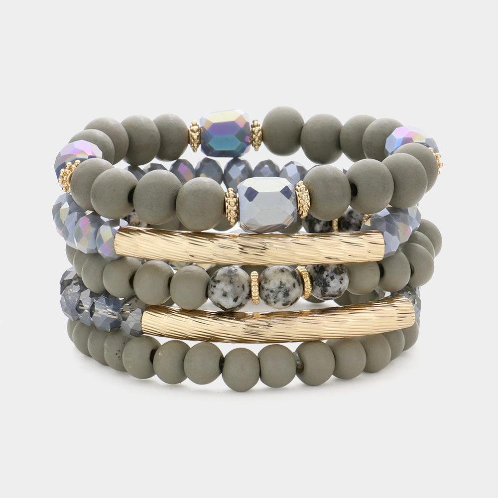 Silver 5PCS Metal Bar Pointed Wood Faceted Beaded Multi Layered Bracelets - Jewelry Store by Erik Rayo