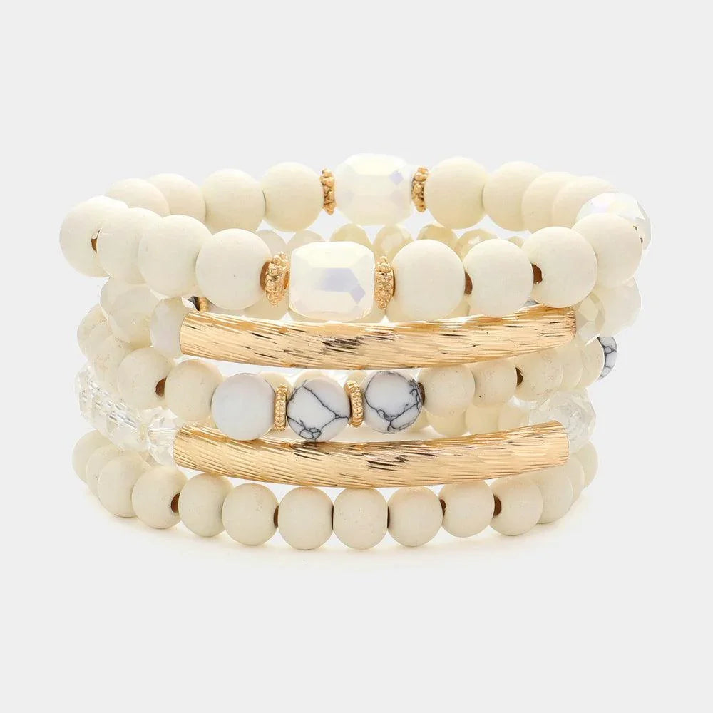 White 5PCS - Metal Bar Pointed Wood Faceted Beaded Multi Layered Bracelets - Jewelry Store by Erik Rayo