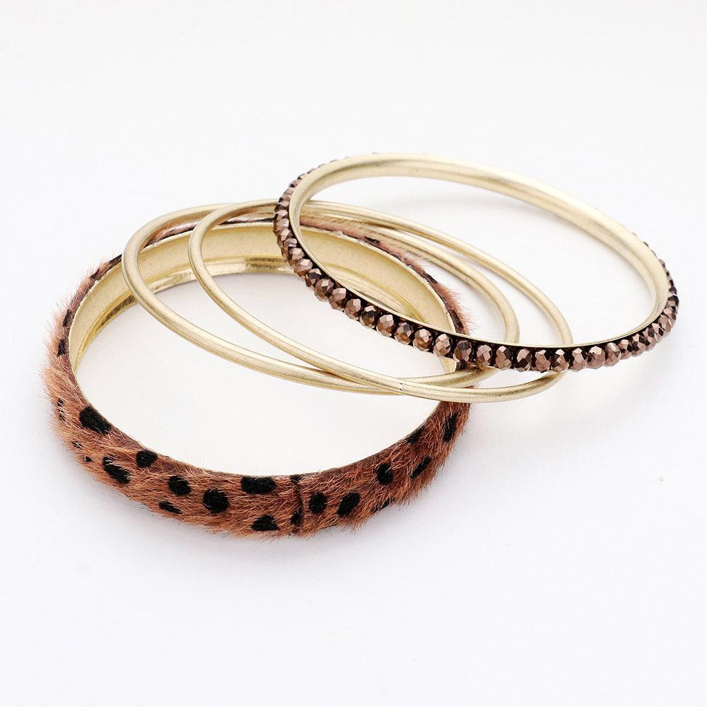 Brown 4PCS Animal Leather Rhinestone Metal Bangle Bracelets - Jewelry Store by Erik Rayo