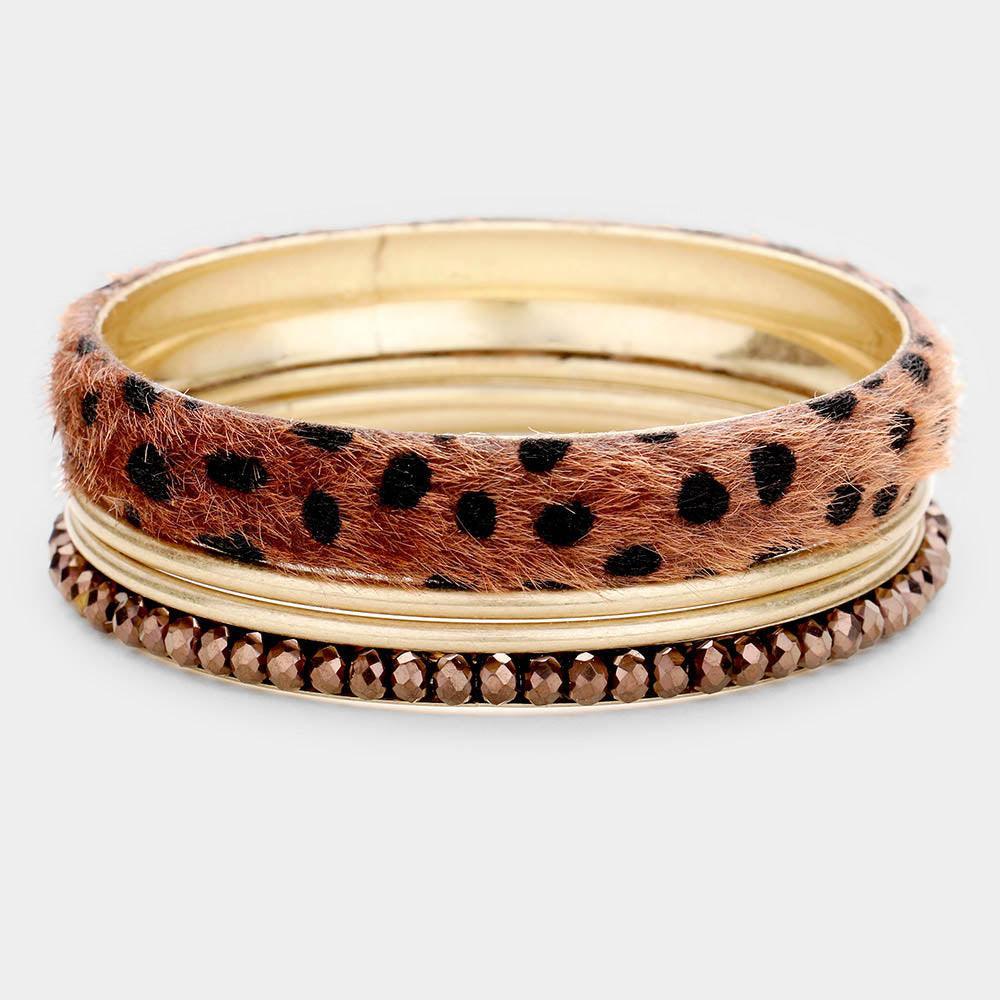 Brown 4PCS Animal Leather Rhinestone Metal Bangle Bracelets - Jewelry Store by Erik Rayo