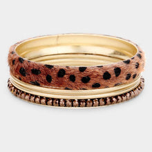 Load image into Gallery viewer, Brown 4PCS  Animal Leather Rhinestone Metal Bangle Bracelets
