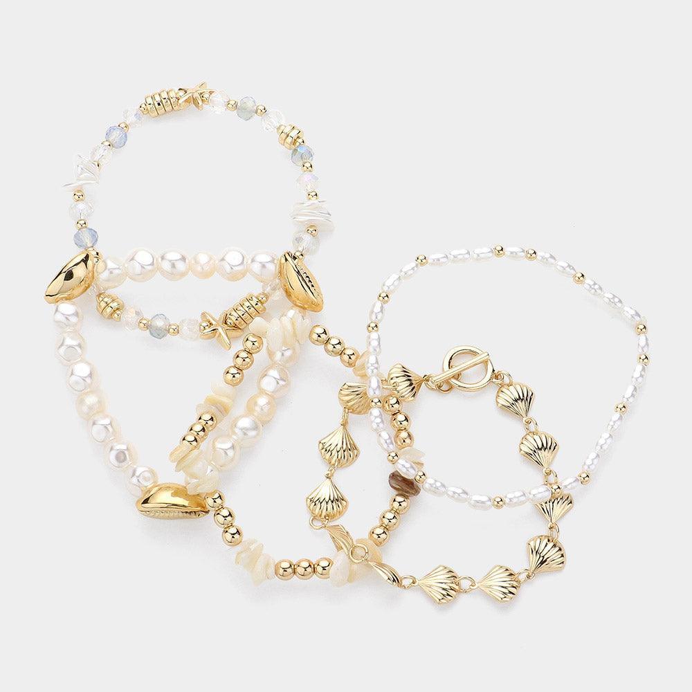 White 5PCS - Metal Puka Starfish Pointed Pearl Beaded Stretch Metal Shell Link Toggle Layered Bracelets - Jewelry Store by Erik Rayo