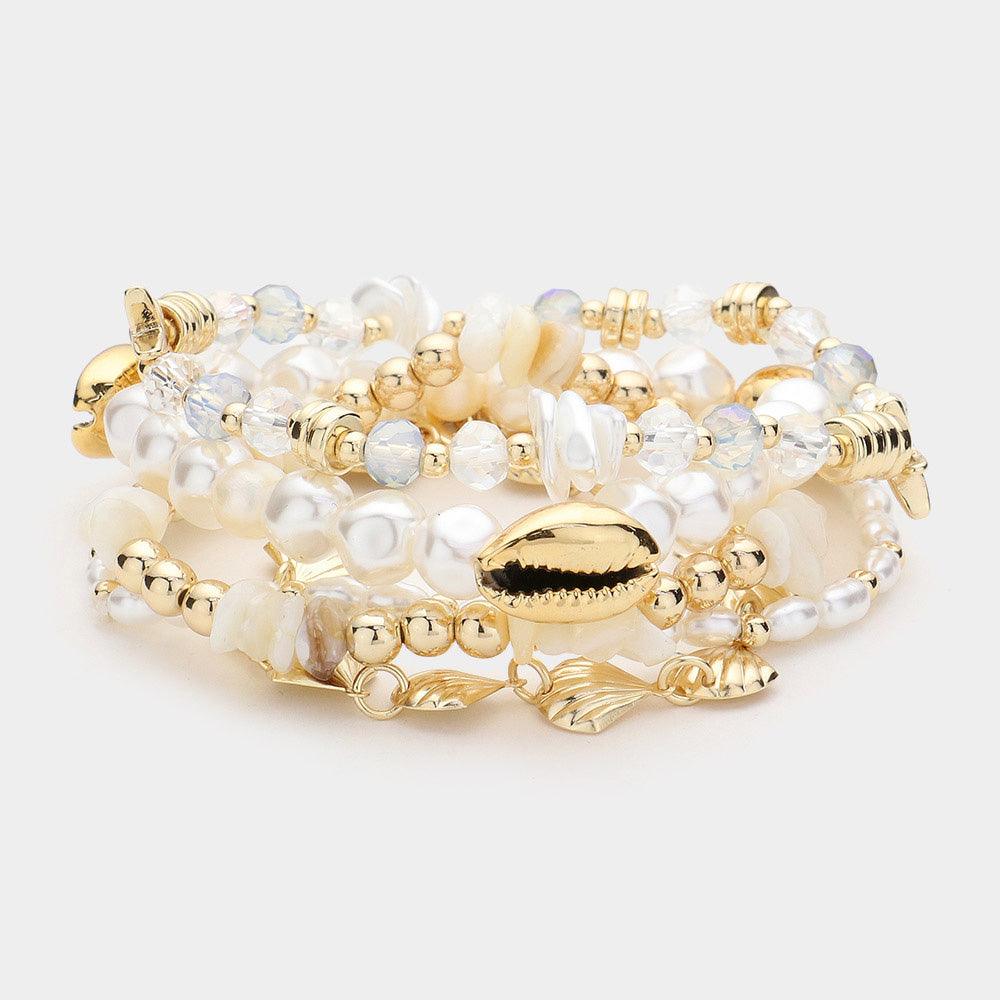 White 5PCS - Metal Puka Starfish Pointed Pearl Beaded Stretch Metal Shell Link Toggle Layered Bracelets