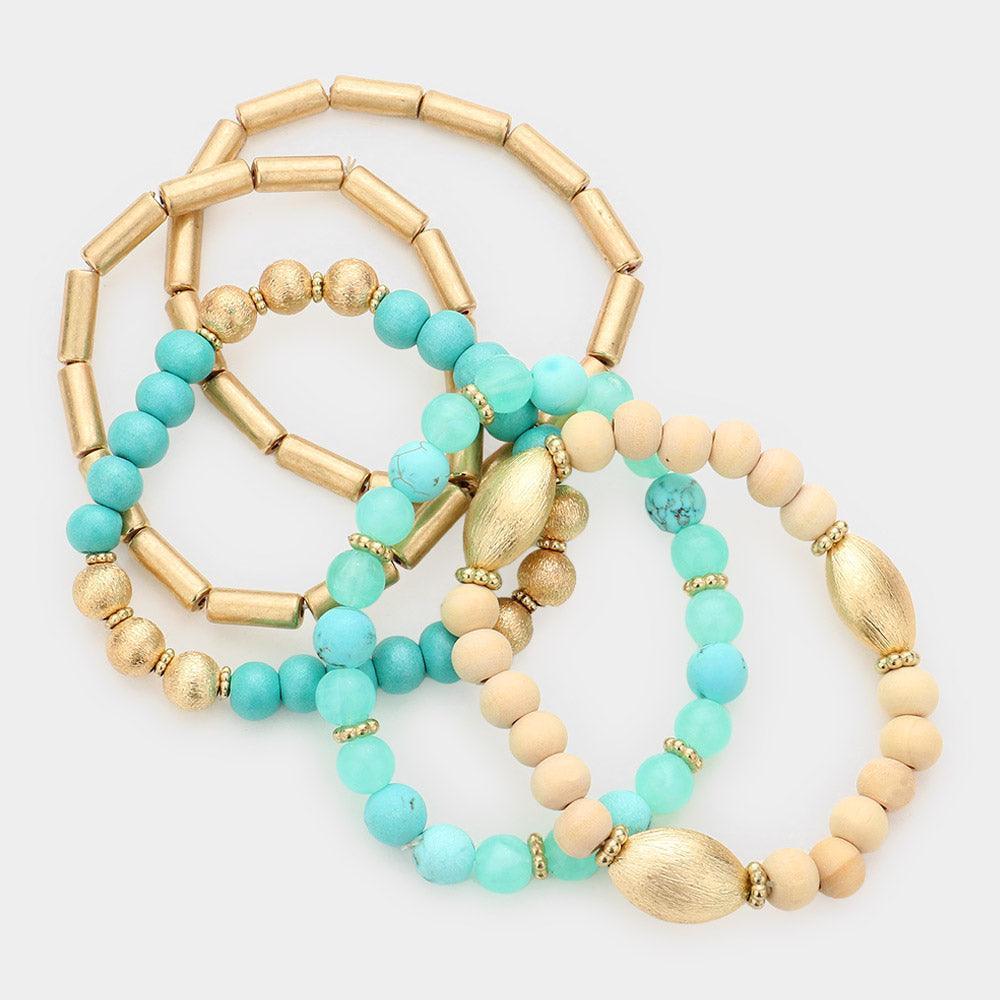 Turquoise 5PCS - Natural Stone Wood Beaded Stretch Bracelets - Jewelry Store by Erik Rayo