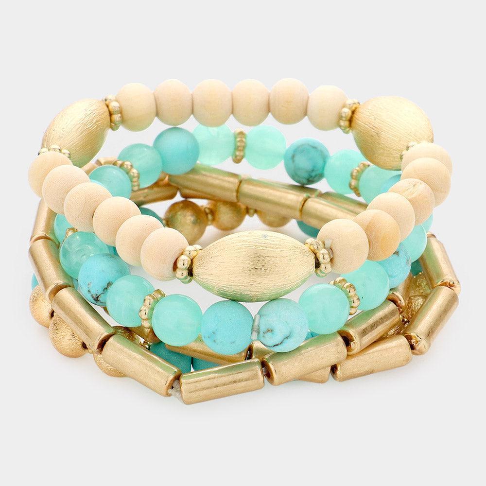 Turquoise 5PCS - Natural Stone Wood Beaded Stretch Bracelets - Jewelry Store by Erik Rayo
