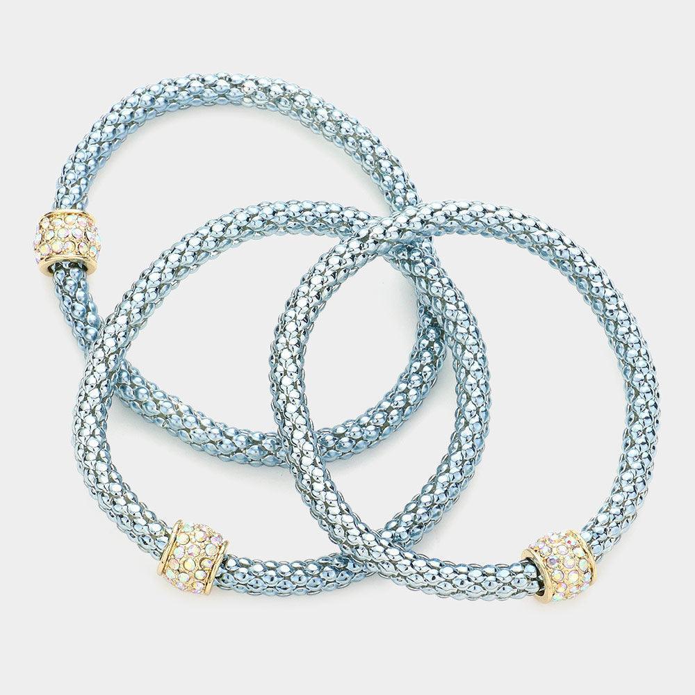 Gray 3PCS - Rhinestone Embellished Metal Stretch Bracelets - Jewelry Store by Erik Rayo
