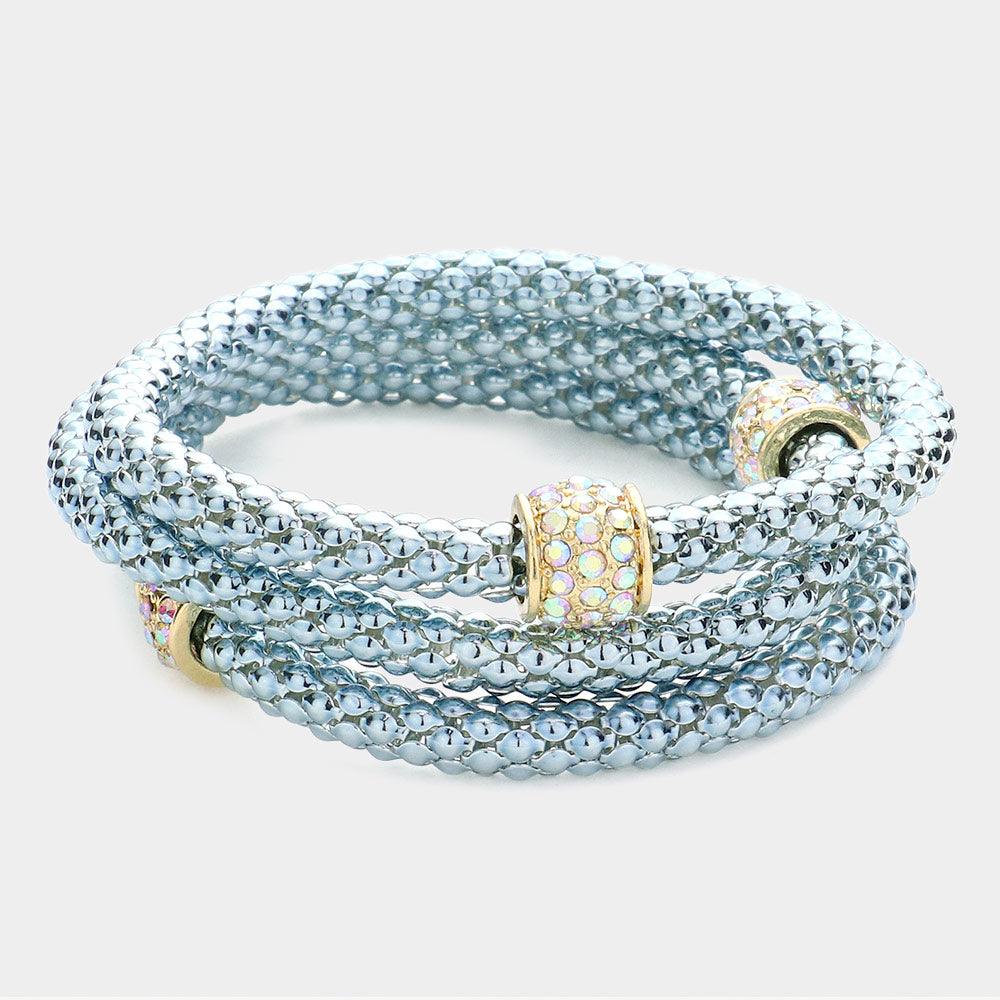 Gray 3PCS - Rhinestone Embellished Metal Stretch Bracelets