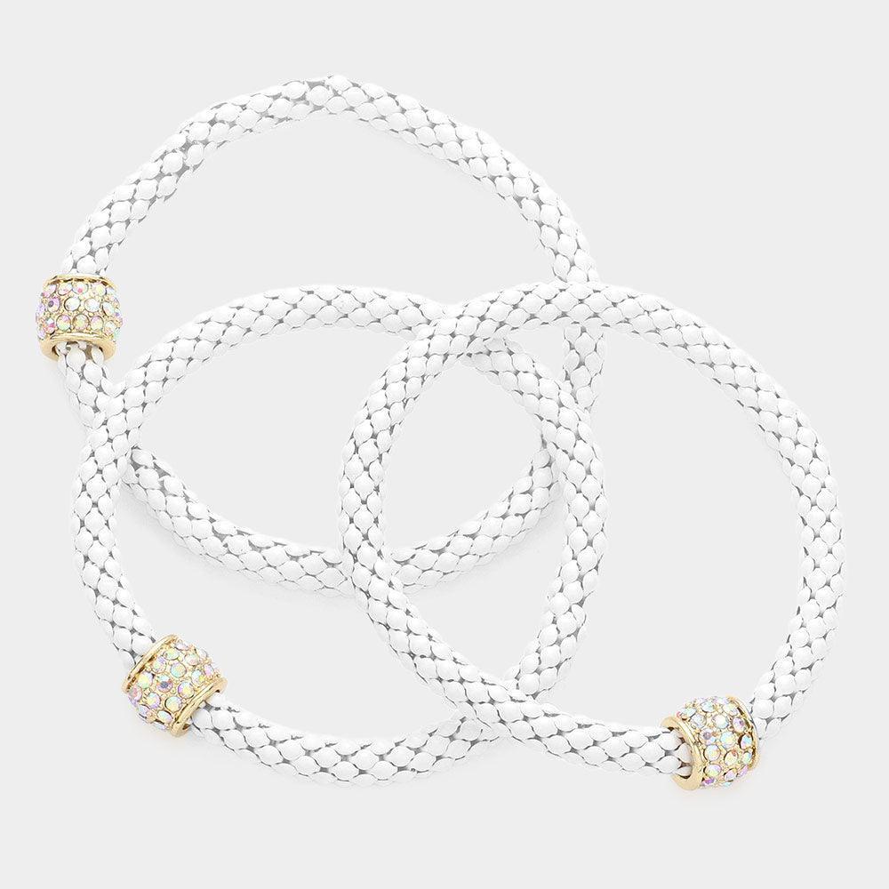 White 3PCS - Rhinestone Embellished Metal Stretch Bracelets - Jewelry Store by Erik Rayo