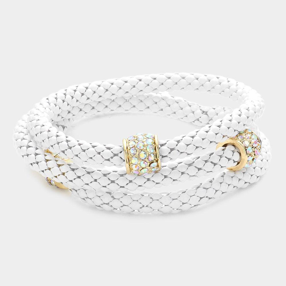 White 3PCS - Rhinestone Embellished Metal Stretch Bracelets - Jewelry Store by Erik Rayo