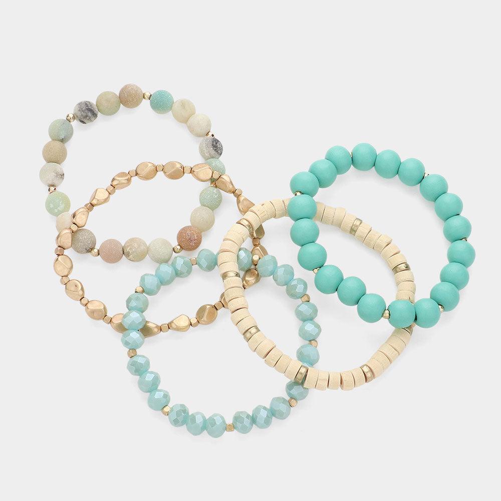 5PCS - Faceted Beads Wood Metal Stone Beaded Multi Layered Bracelets - Jewelry Store by Erik Rayo
