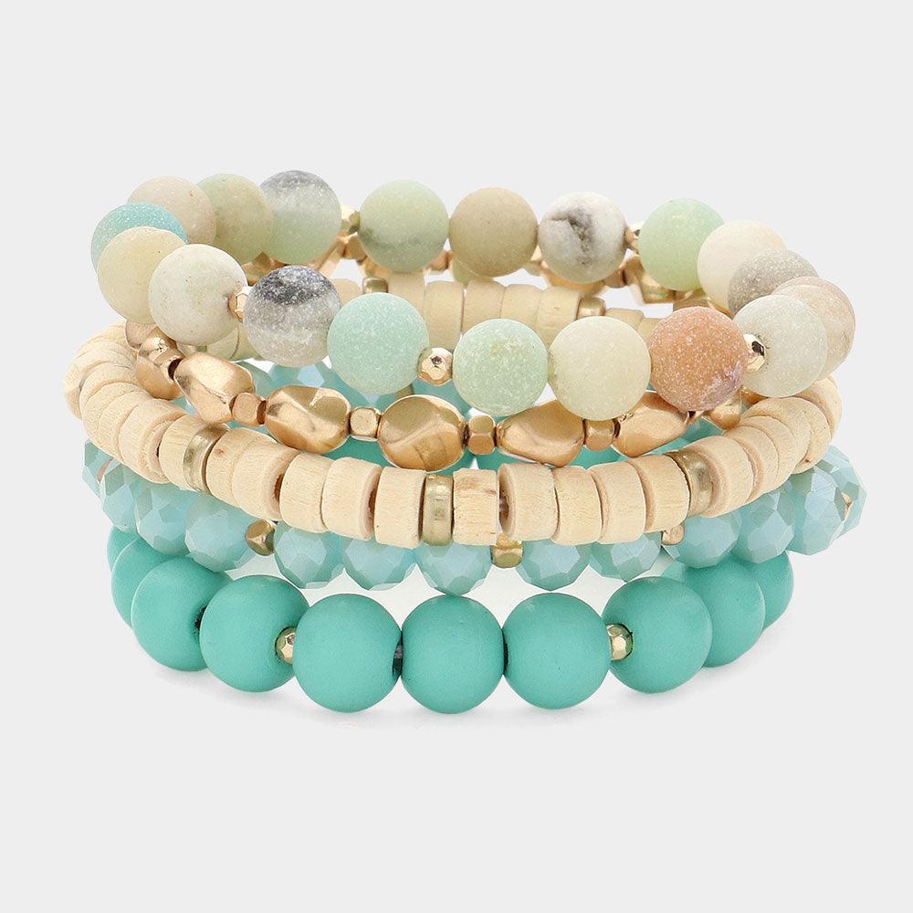 5PCS - Faceted Beads Wood Metal Stone Beaded Multi Layered Bracelets - Jewelry Store by Erik Rayo