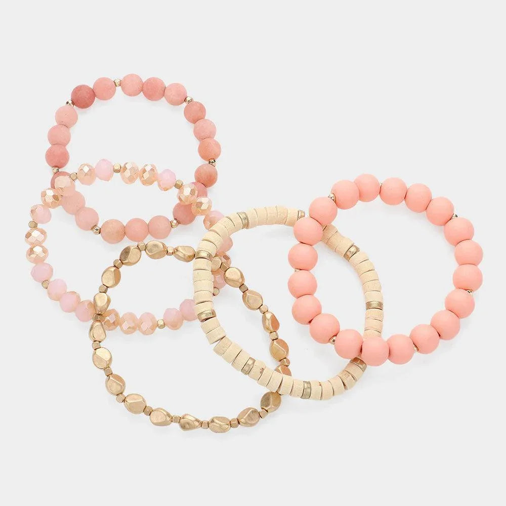 Pink 5PCS - Faceted Beads Wood Metal Stone Beaded Multi Layered Bracelets - Jewelry Store by Erik Rayo