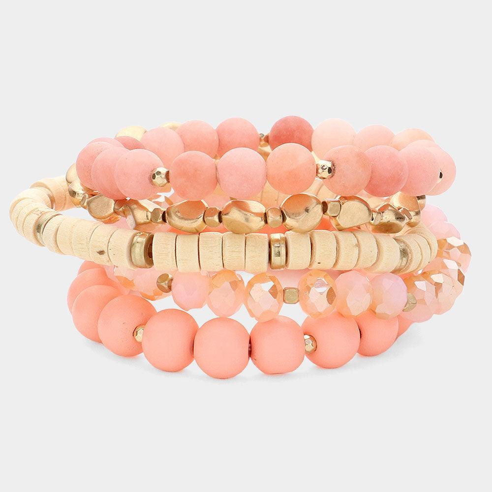 Pink 5PCS - Faceted Beads Wood Metal Stone Beaded Multi Layered Bracelets - Jewelry Store by Erik Rayo