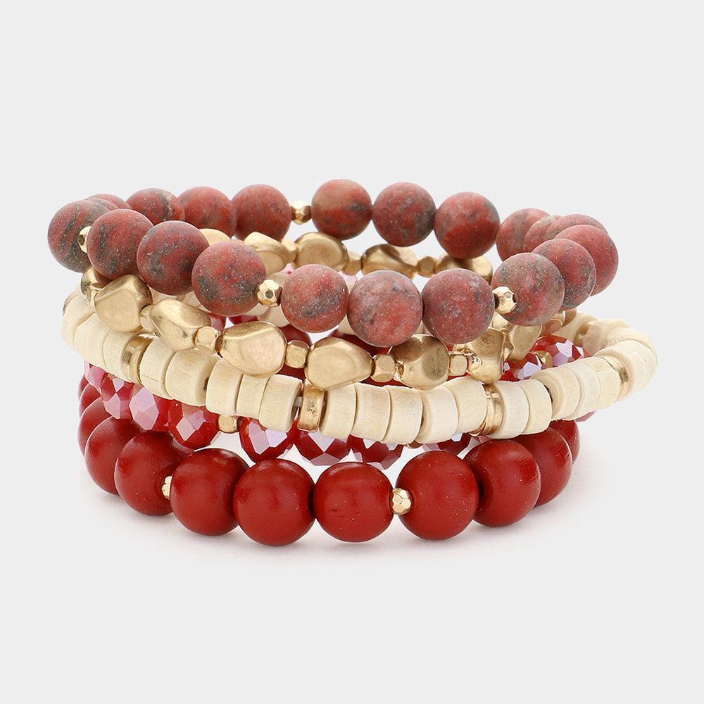 5PCS - Faceted Beads Wood Metal Stone Beaded Multi Layered Bracelets - Jewelry Store by Erik Rayo