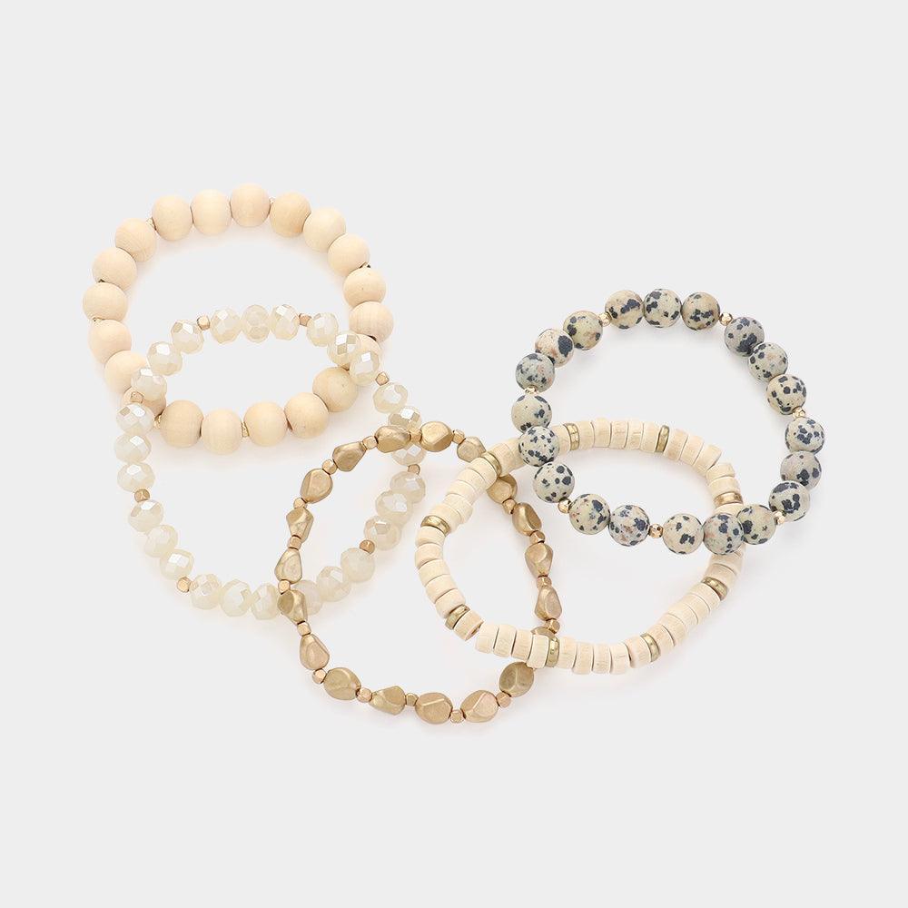 Black 5PCS Faceted Beads Wood Metal Stone Beaded Multi Layered Bracelets - Jewelry Store by Erik Rayo