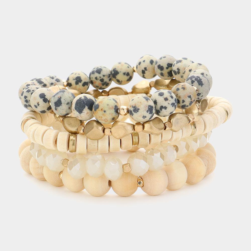 Black 5PCS Faceted Beads Wood Metal Stone Beaded Multi Layered Bracelets - Jewelry Store by Erik Rayo