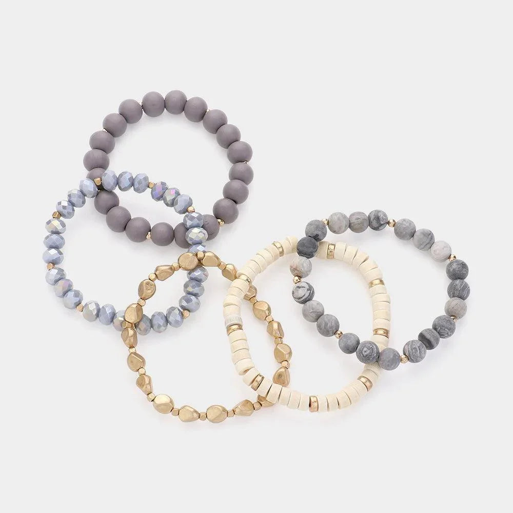Silver 5PCS Faceted Beads Wood Metal Stone Beaded Multi Layered Bracelets - Jewelry Store by Erik Rayo