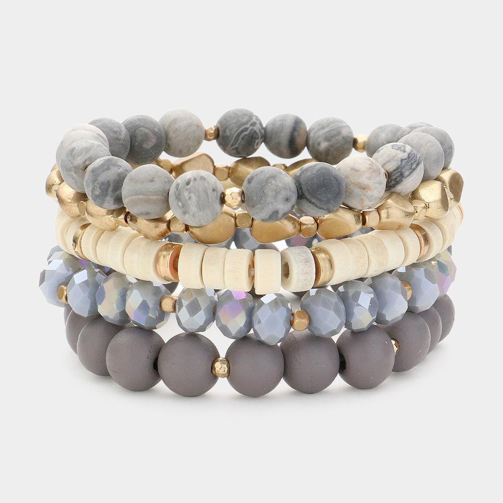 Silver 5PCS Faceted Beads Wood Metal Stone Beaded Multi Layered Bracelets - Jewelry Store by Erik Rayo