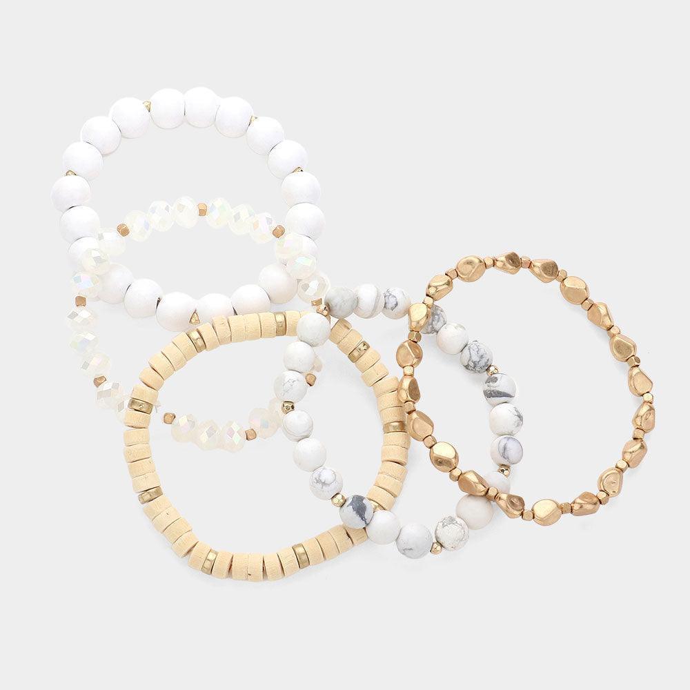 5PCS - Faceted Beads Wood Metal Stone Beaded Multi Layered Bracelets - Jewelry Store by Erik Rayo