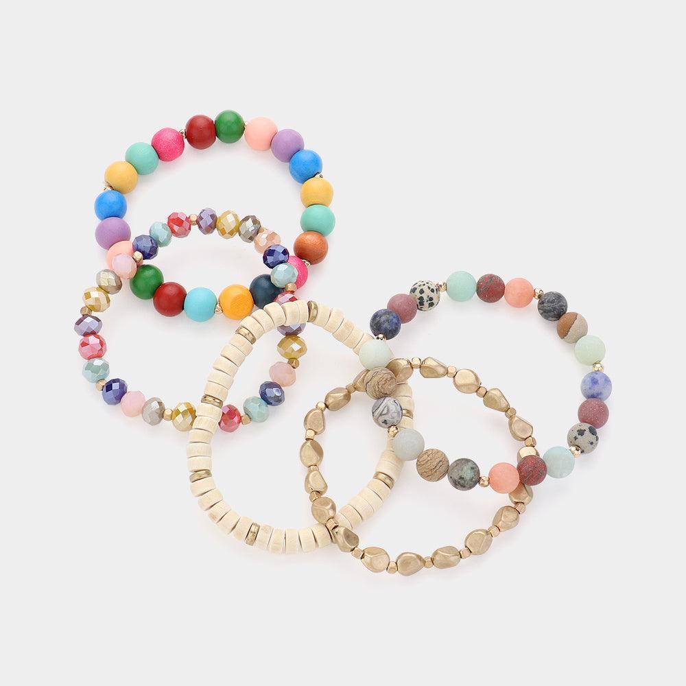 5PCS - Faceted Beads Wood Metal Stone Beaded Multi Layered Bracelets - Jewelry Store by Erik Rayo