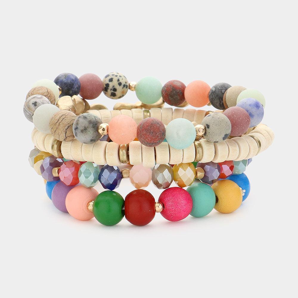 5PCS - Faceted Beads Wood Metal Stone Beaded Multi Layered Bracelets - Jewelry Store by Erik Rayo