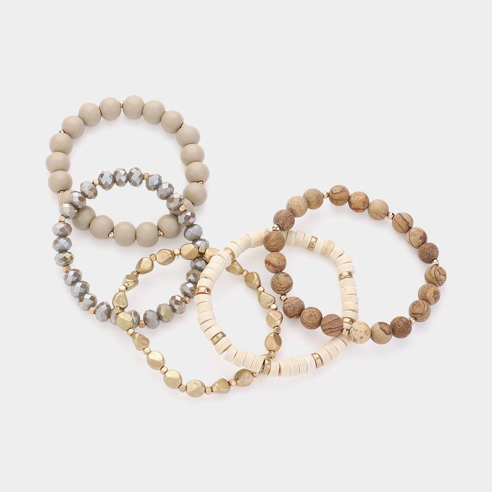 Brown 5PCS - Faceted Beads Wood Metal Stone Beaded Multi Layered Bracelets - Jewelry Store by Erik Rayo