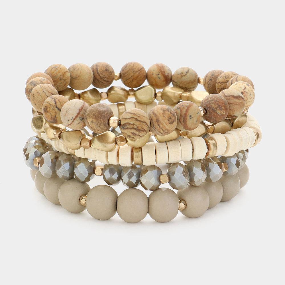 Brown 5PCS - Faceted Beads Wood Metal Stone Beaded Multi Layered Bracelets - Jewelry Store by Erik Rayo