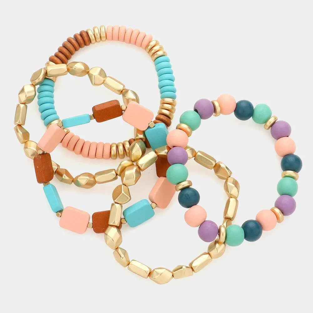 5PCS - Wood Abstract Metal Beaded Stretch Bracelets - Jewelry Store by Erik Rayo