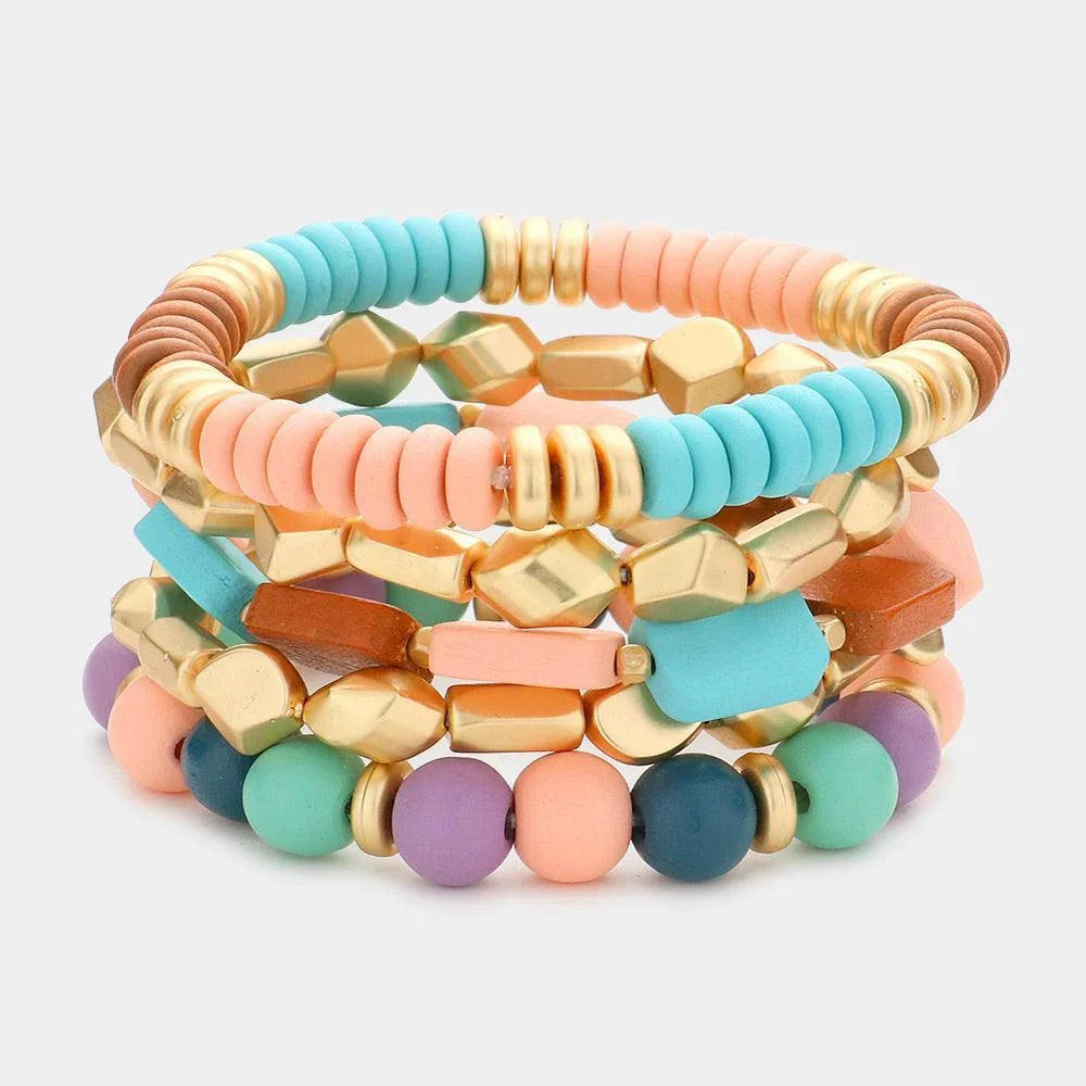 5PCS - Wood Abstract Metal Beaded Stretch Bracelets - Jewelry Store by Erik Rayo