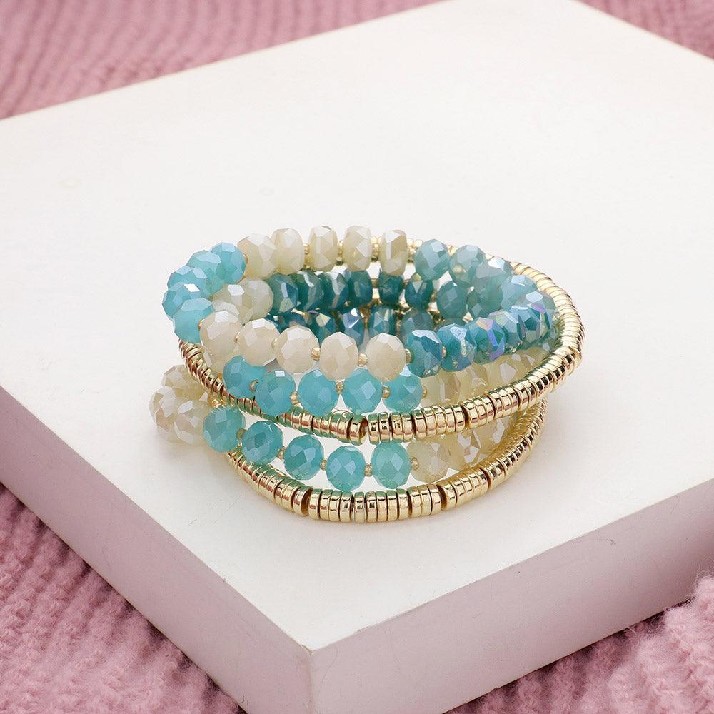 Aqua 5PCS - Faceted Beaded Heishi Beaded Multi Layered Stretch Bracelet - Jewelry Store by Erik Rayo