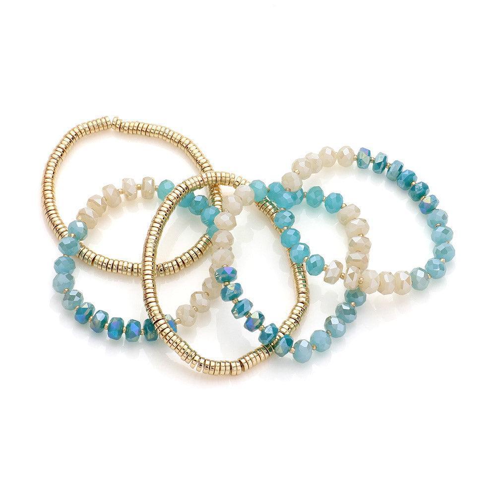 Aqua 5PCS - Faceted Beaded Heishi Beaded Multi Layered Stretch Bracelet - Jewelry Store by Erik Rayo