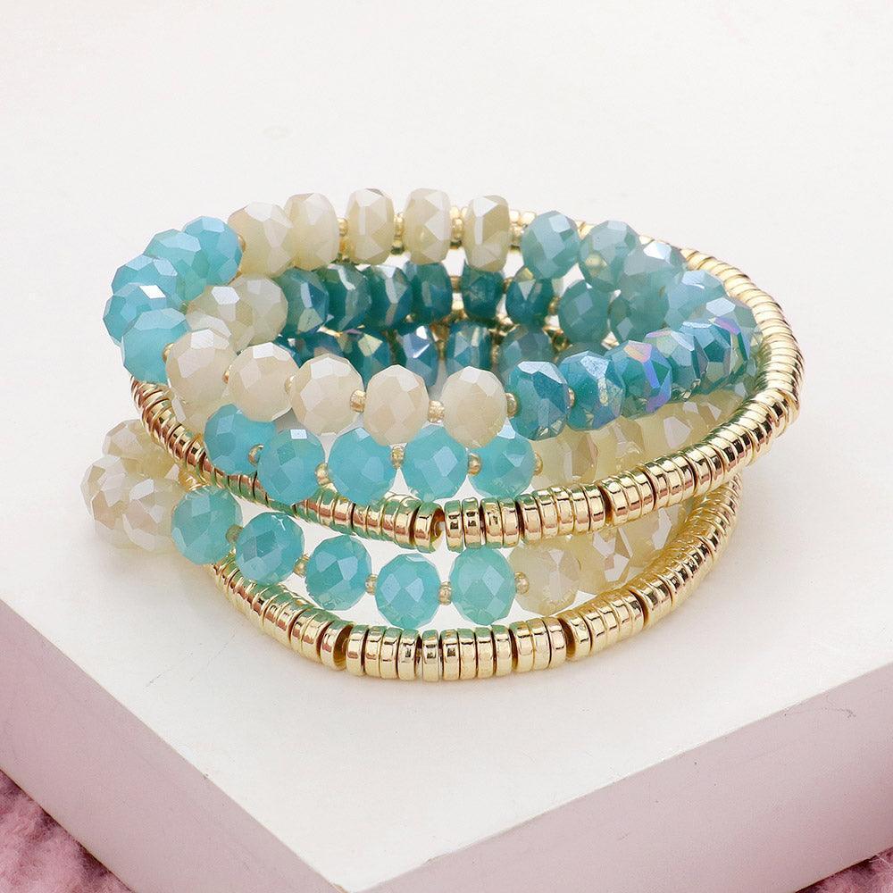 Aqua 5PCS - Faceted Beaded Heishi Beaded Multi Layered Stretch Bracelet - Jewelry Store by Erik Rayo