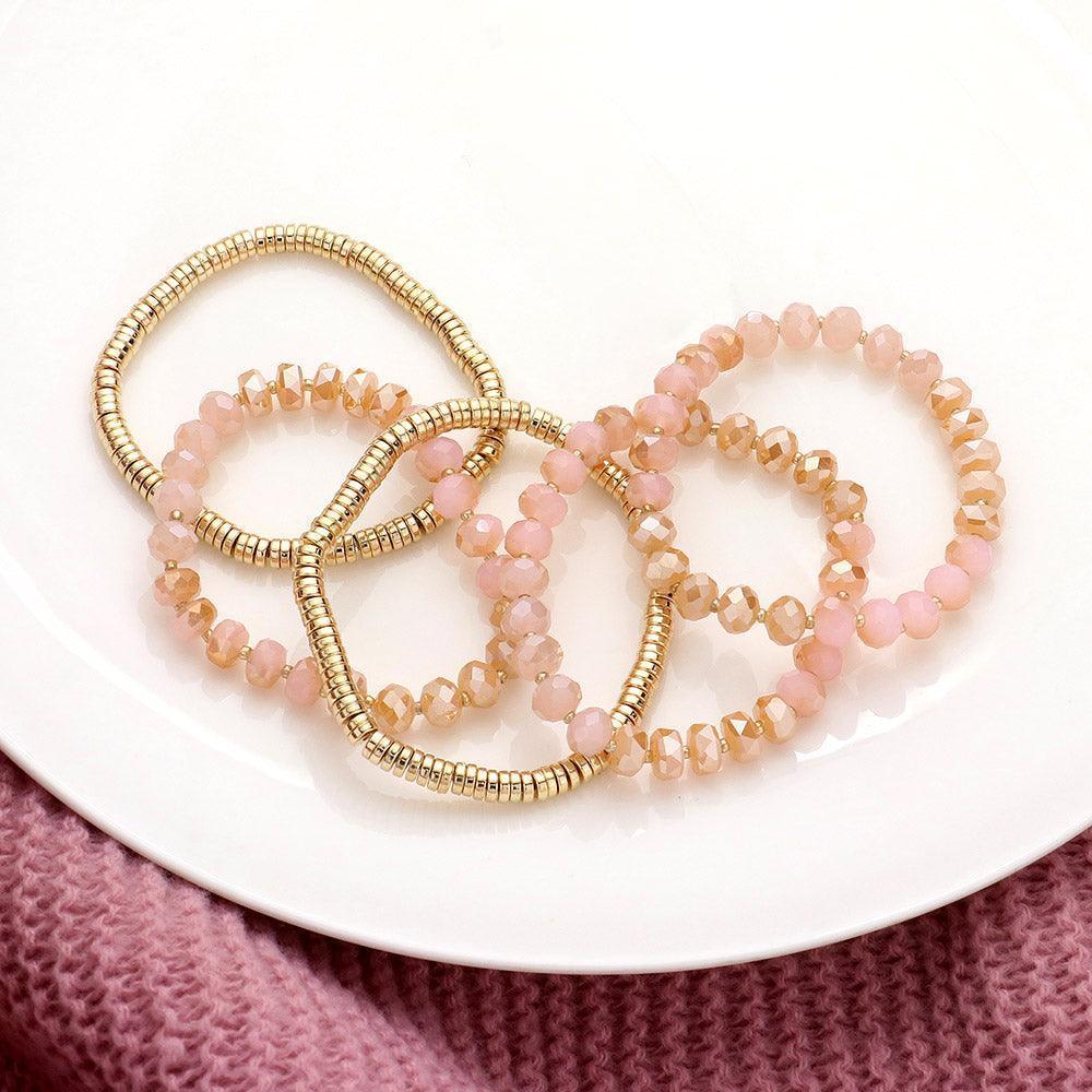 Pink 5PCS - Faceted Beaded Heishi Beaded Multi Layered Stretch Bracelet - Jewelry Store by Erik Rayo