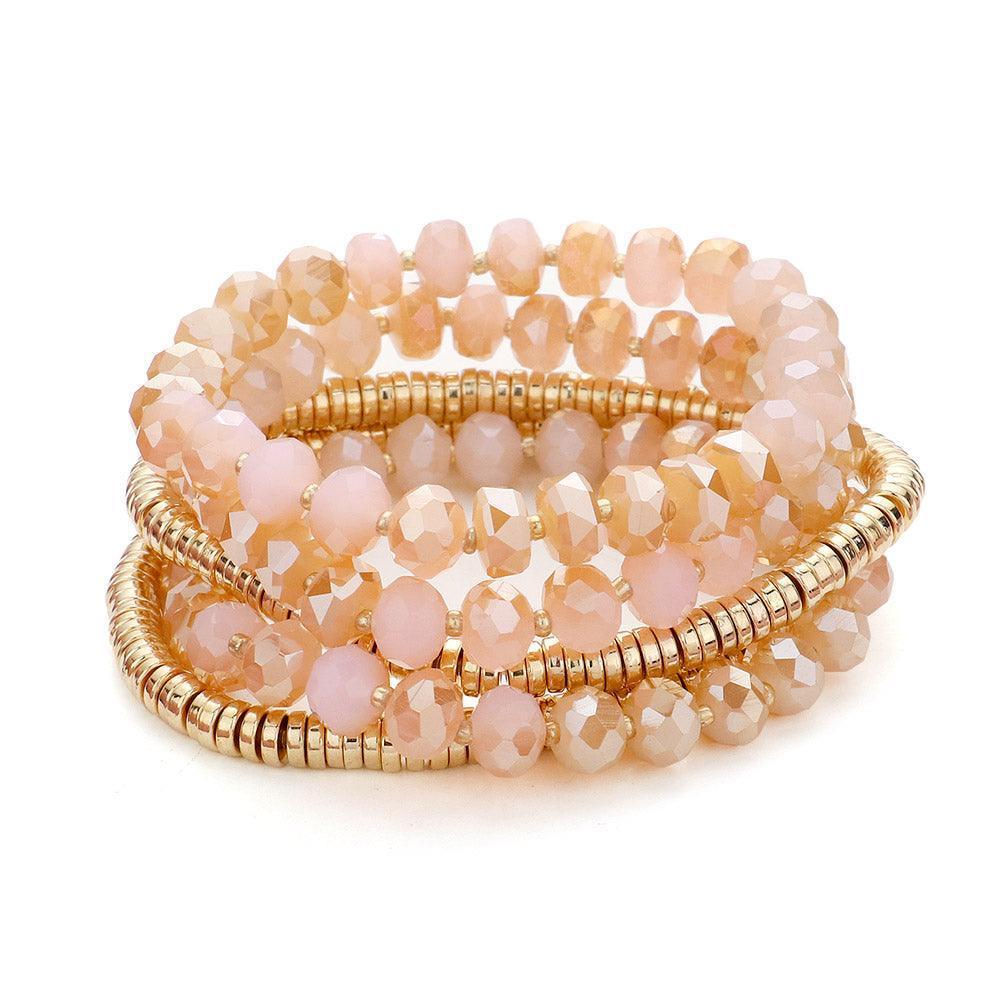Pink 5PCS - Faceted Beaded Heishi Beaded Multi Layered Stretch Bracelet - Jewelry Store by Erik Rayo