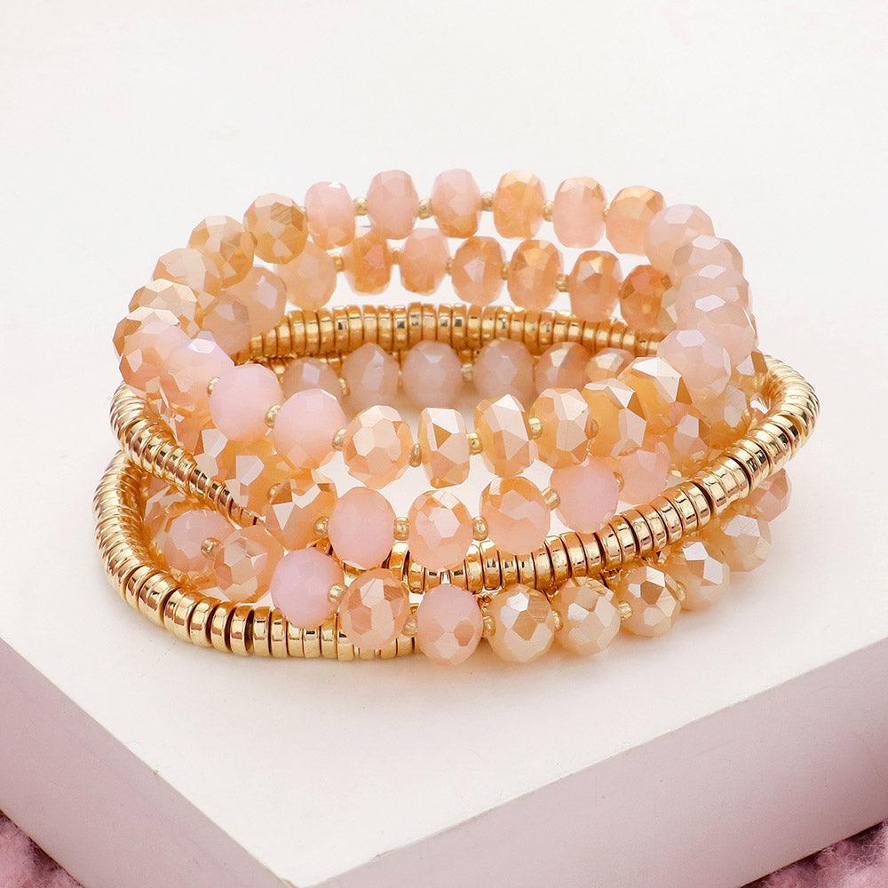 Pink 5PCS - Faceted Beaded Heishi Beaded Multi Layered Stretch Bracelet - Jewelry Store by Erik Rayo