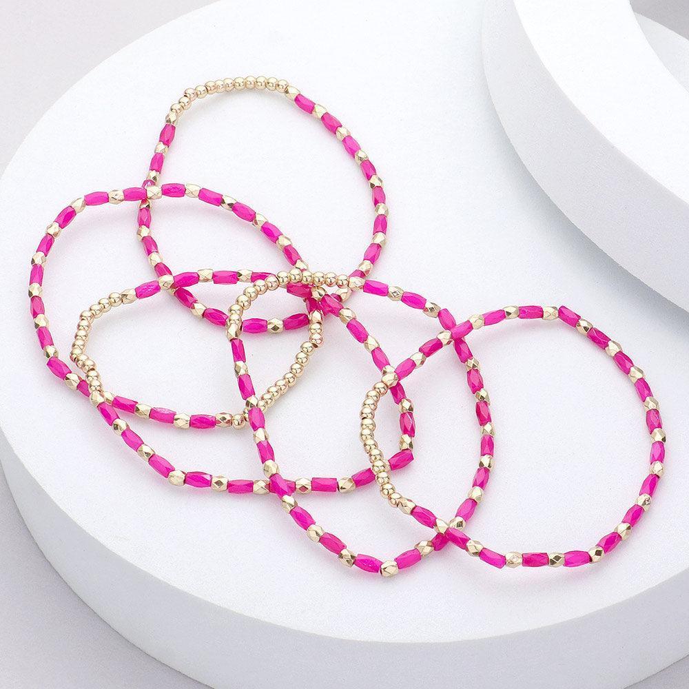 Fuchsia 5PCS - Metal Ball Faceted Rectangle Beaded Stretch Bracelets - Jewelry Store by Erik Rayo