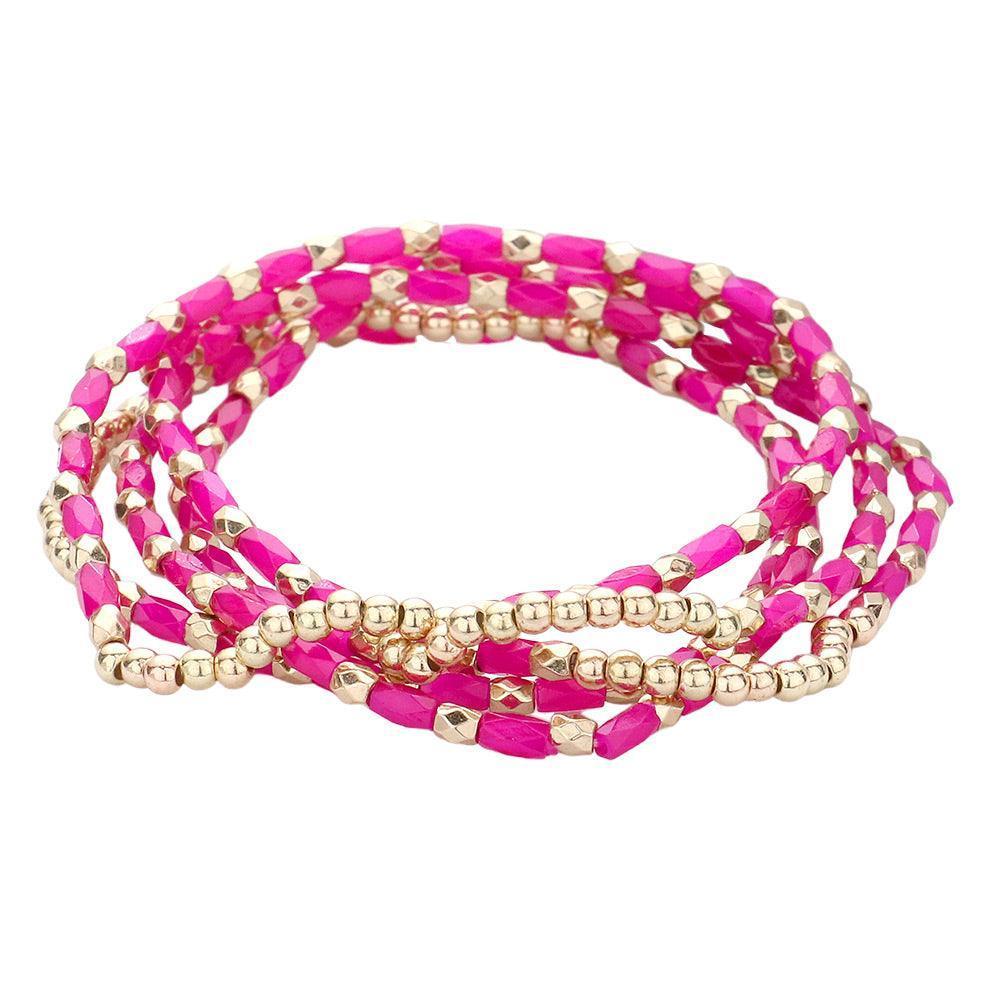 Fuchsia 5PCS - Metal Ball Faceted Rectangle Beaded Stretch Bracelets - Jewelry Store by Erik Rayo