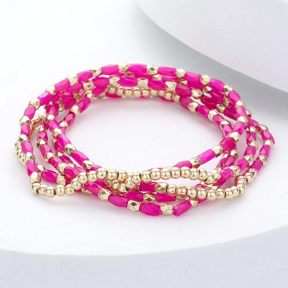 Fuchsia 5PCS - Metal Ball Faceted Rectangle Beaded Stretch Bracelets - Jewelry Store by Erik Rayo