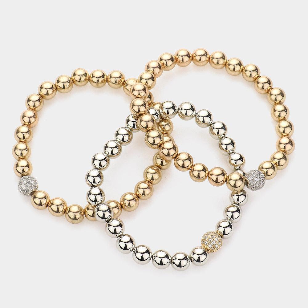 Two Tone 3PCS - Rhinestone Metal Ball Stretch Bracelets - Jewelry Store by Erik Rayo