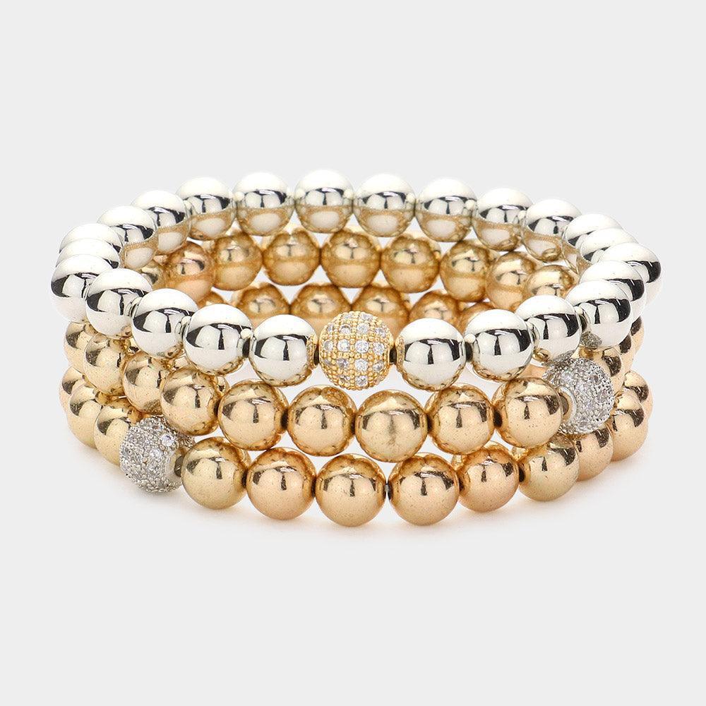 Two Tone 3PCS - Rhinestone Metal Ball Stretch Bracelets - Jewelry Store by Erik Rayo