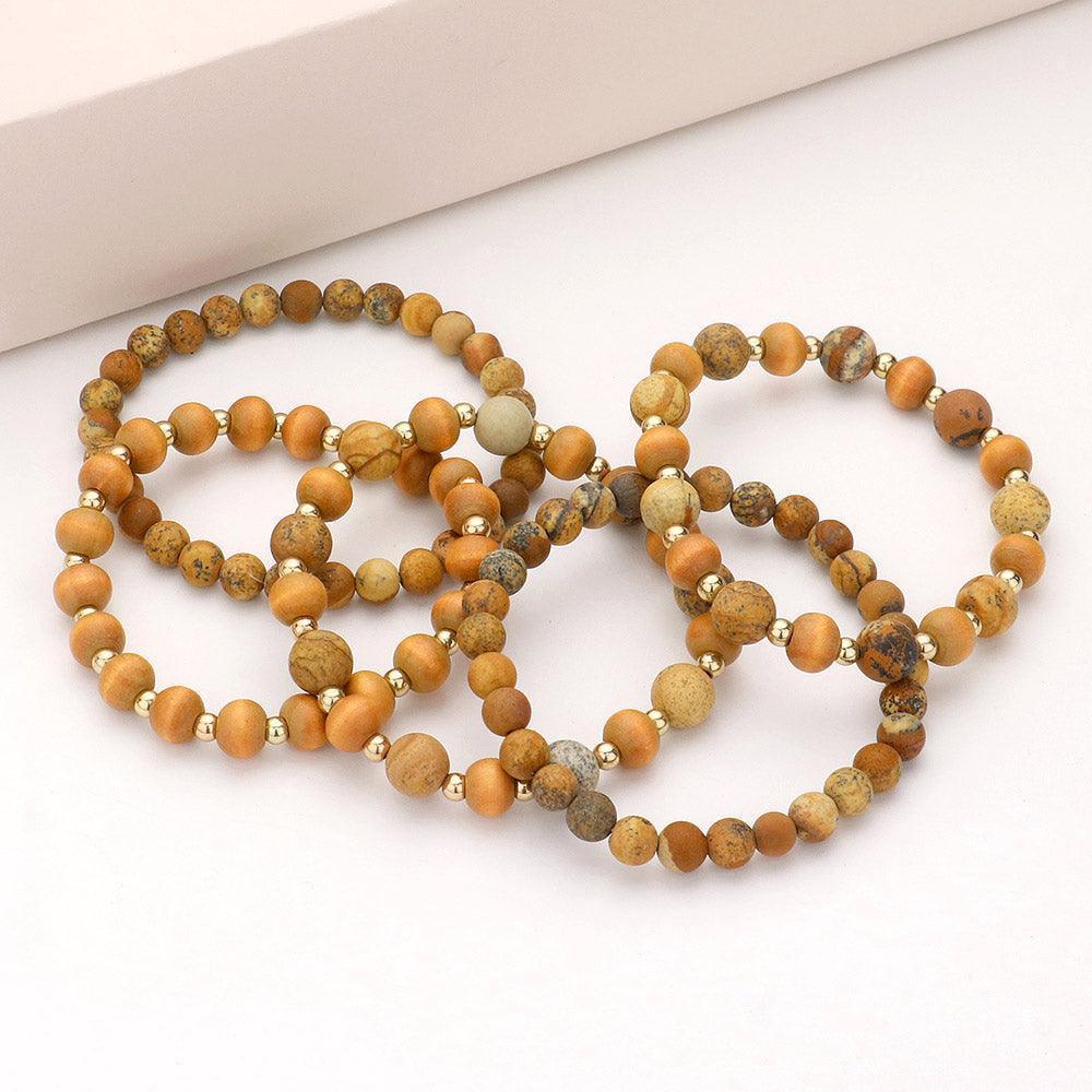 Brown 5PCS - Natural Stone Wood Ball Stretch Bracelets - Jewelry Store by Erik Rayo
