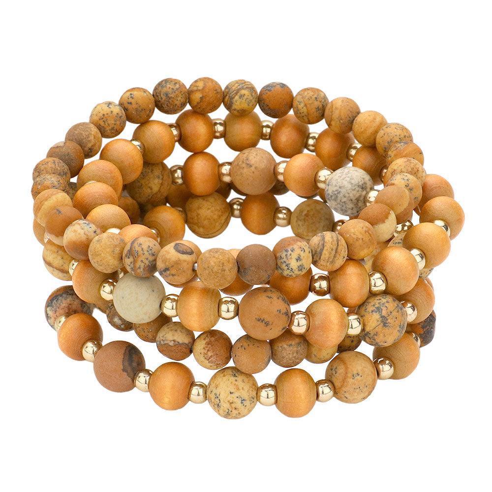 Brown 5PCS - Natural Stone Wood Ball Stretch Bracelets - Jewelry Store by Erik Rayo