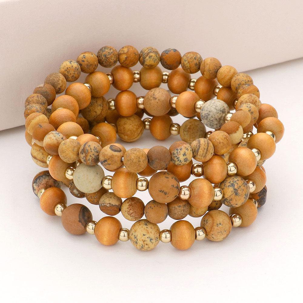 Brown 5PCS - Natural Stone Wood Ball Stretch Bracelets - Jewelry Store by Erik Rayo