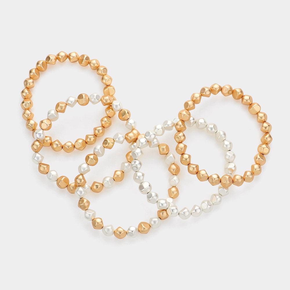Silver 5PCS Matt Irregular Beaded Stretch Multi Layered Bracelets - Jewelry Store by Erik Rayo