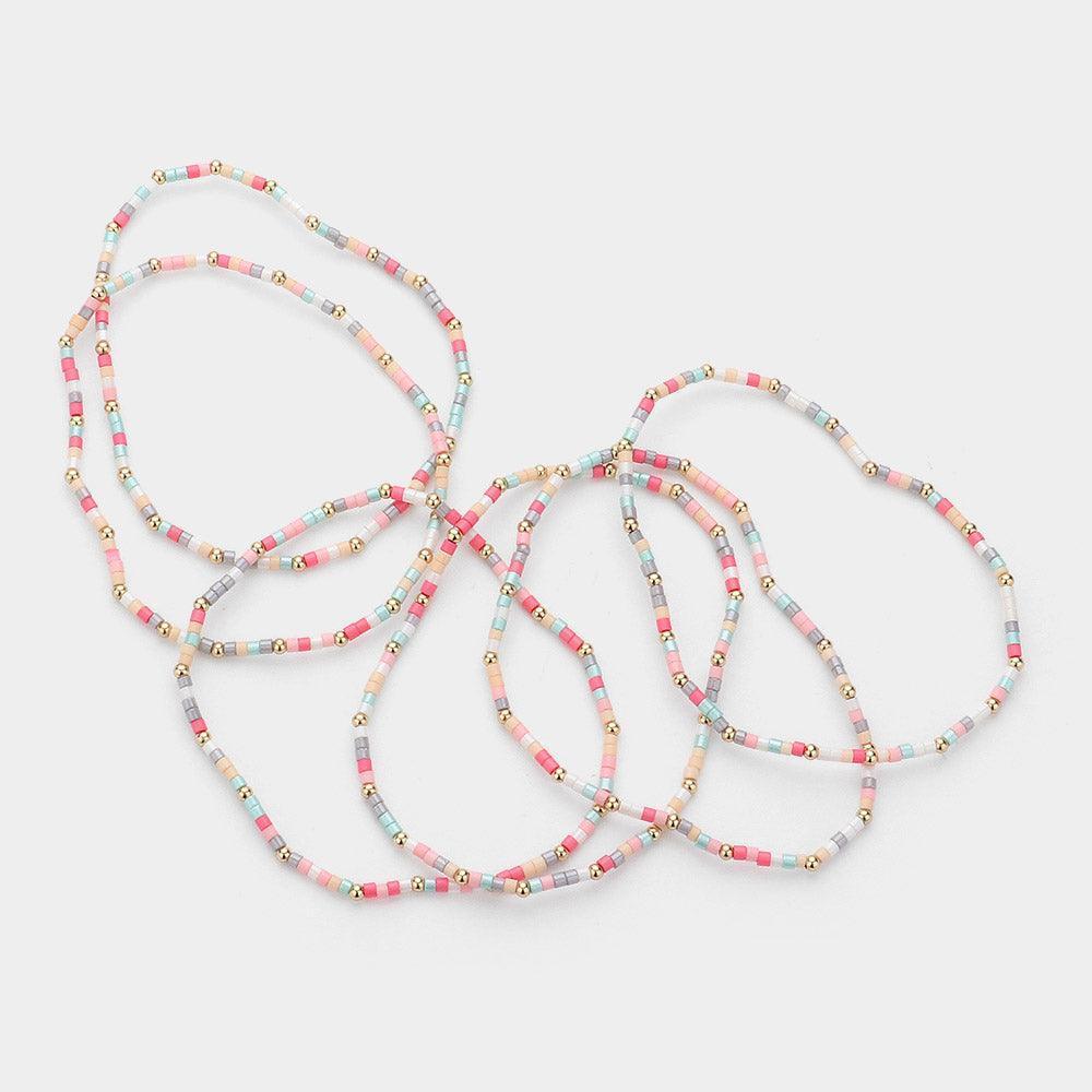 Pink 6PCS - Metal Ball Pointed Tube Beaded Stretch Multi Layered Bracelets - Jewelry Store by Erik Rayo