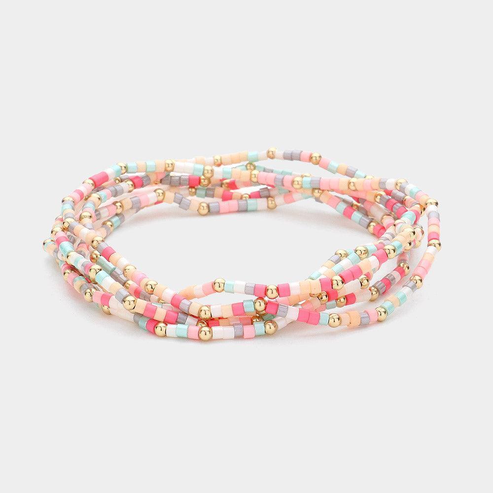Pink 6PCS - Metal Ball Pointed Tube Beaded Stretch Multi Layered Bracelets - Jewelry Store by Erik Rayo