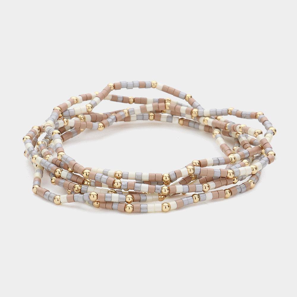 Brown 6PCS - Metal Ball Pointed Tube Beaded Stretch Multi Layered Bracelets - Jewelry Store by Erik Rayo