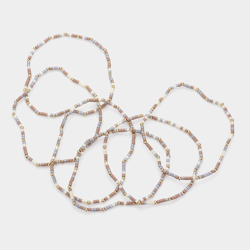 Brown 6PCS - Metal Ball Pointed Tube Beaded Stretch Multi Layered Bracelets - Jewelry Store by Erik Rayo